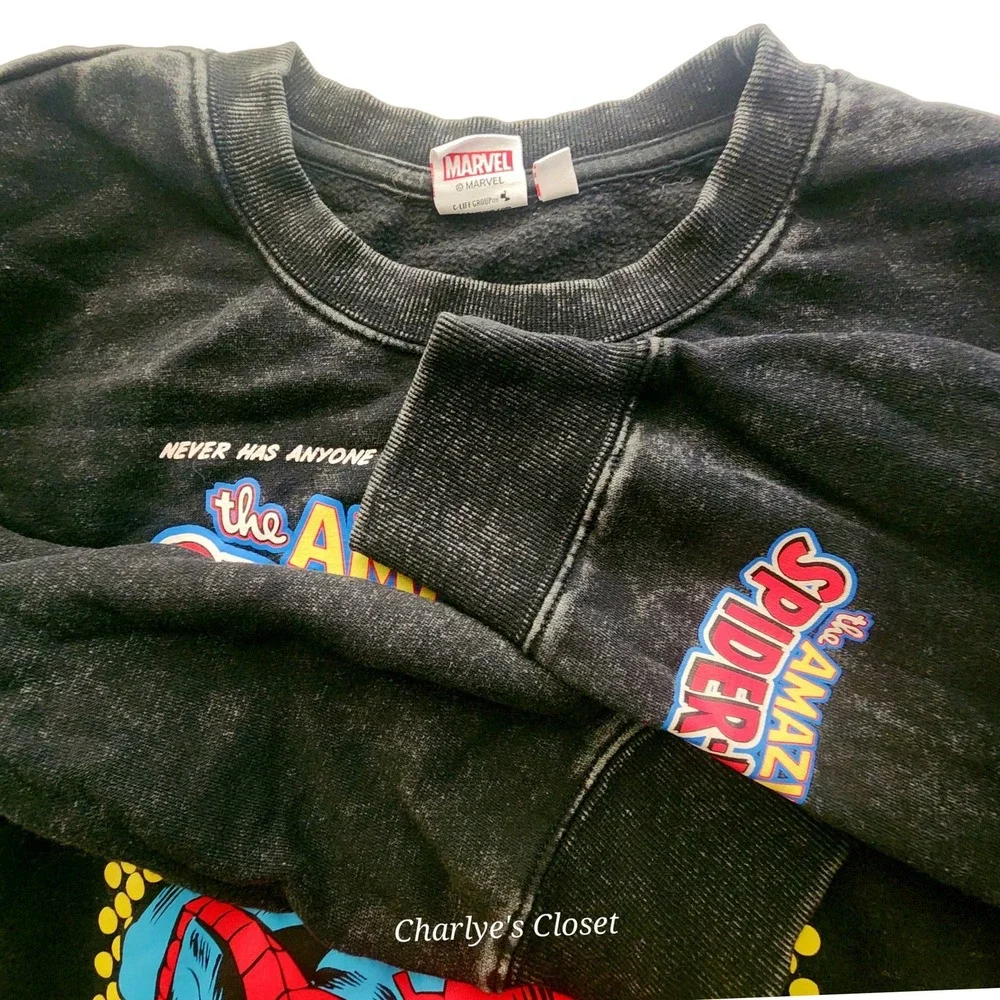 Marvel Spider-Man Black Acid Wash Comic Graphic Sweatshirt‎ M Superhero Grunge